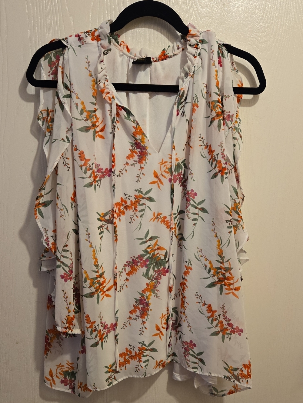 Worthington White Floral Cold-Shoulder Ruffle Blouse  L31
